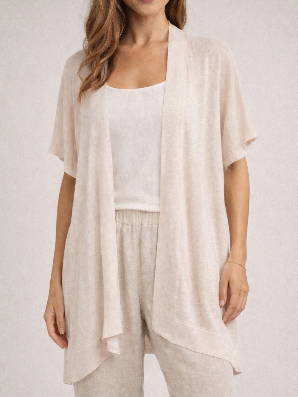 Eileen Fisher Organic Linen Cardigan Small Open Front Lightweight Peach Cream